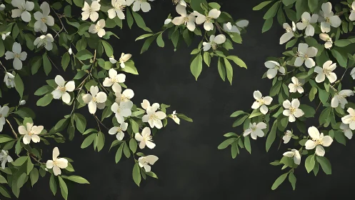 Cascading White Floral Branches Against Dark Negative Space.