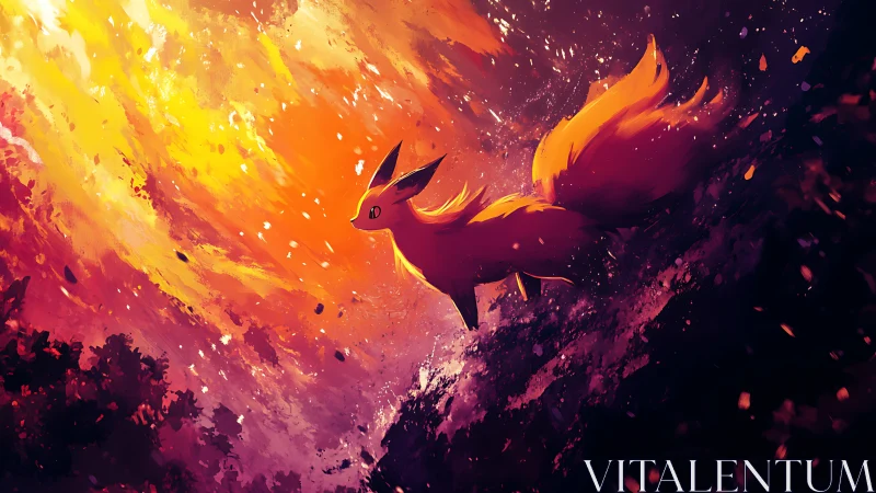 Volumetric-lit fox creature against turbulent abstract firestorm