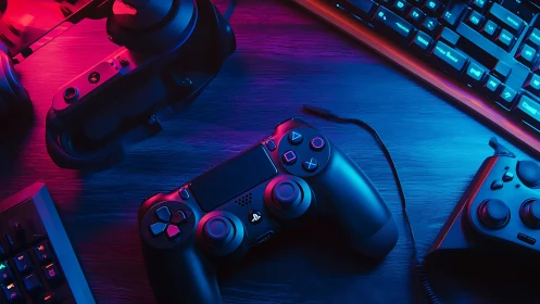 DualShock controller under neon RGB gaming studio lighting.