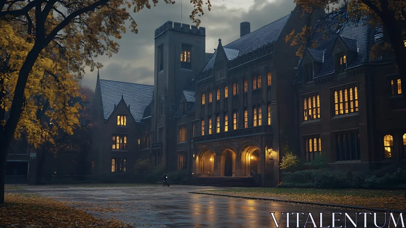 Gothic campus hall glows warmly on a rainy autumn evening