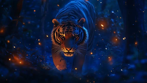 Nocturnal tiger emerging through ember-lit jungle shadows.