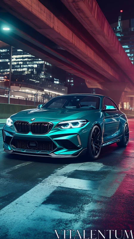Emerald sports coupe rendered under neon urban overpass lighting