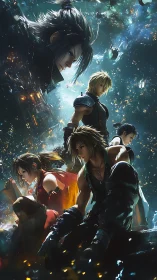 Heroic anime squad framed in luminous cosmic debris field