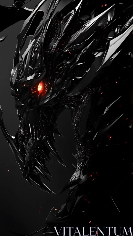 Obsidian cyber dragon head with molten ember eye glow.