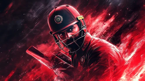 Cricket batsman in intense red motion blur digital art.