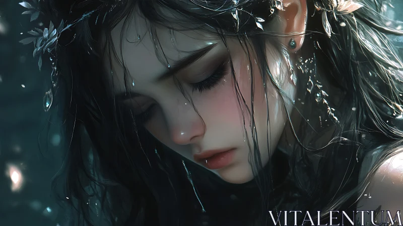 Digital close-up shows wet-haired female figure in profile