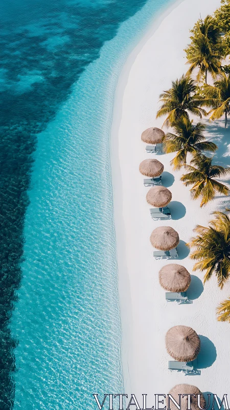 Turquoise Lagoon Paradise: Aerial Beach Resort with Palm Trees and Thatched Umbrellas.