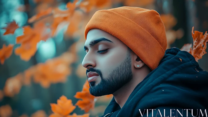 Man in orange beanie among autumn leaves, side profile shot.