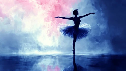 Silhouetted ballerina dancing on reflective blue stage.