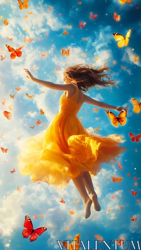 Girl in a golden dress soaring through a butterfly sky.