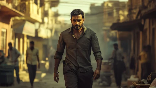 Determined man walks through dusty urban alleyway at dusk