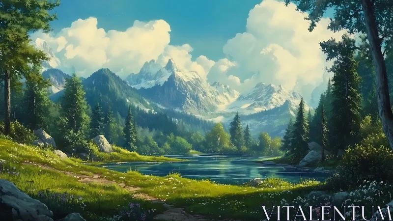 Mountain lake valley under bright summer sky at noon.