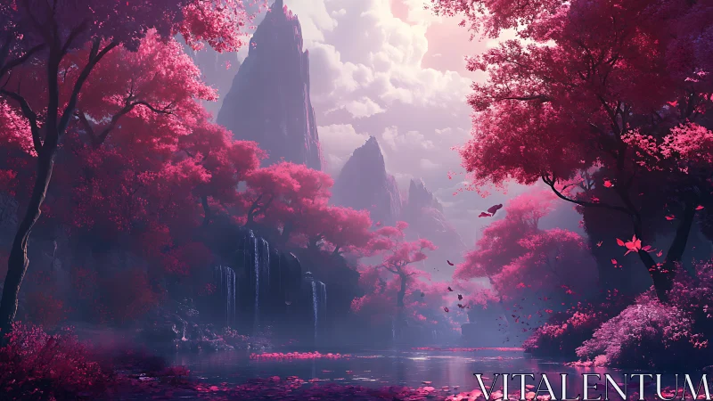 Blushwater peaks and ruby forest dreaming in soft mist.