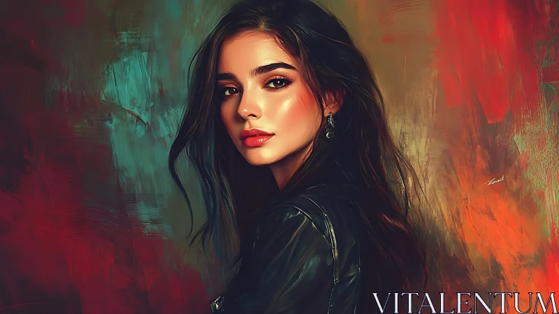 Digital portrait of woman against vibrant abstract backdrop.