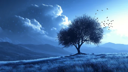 Solitary tree on blue hillside under starry twilight sky.