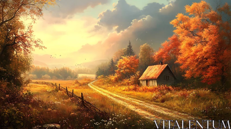 Golden autumn country lane with rustic cottage and glow.