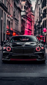 Black luxury coupe framed by neon-lit European street.
