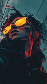 Cyberpunk portrait with neon reflections in orange visor.