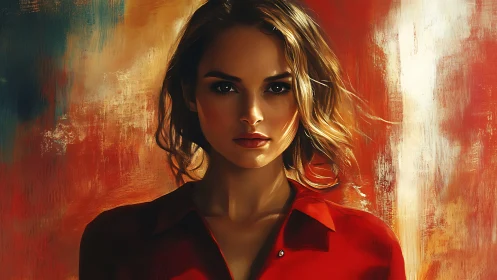 Fierce gaze in scarlet against a storm of molten color.