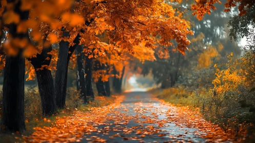 Golden autumn lane invites quiet walks under fiery trees