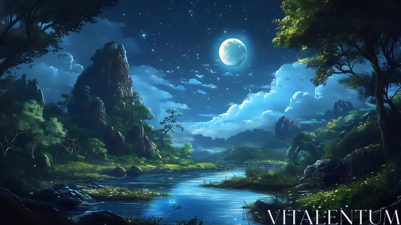 Moonlit river valley with distant mountains and trees.