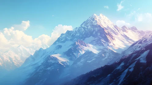 Sunlit snow titan crowned in pastel blue morning skies.