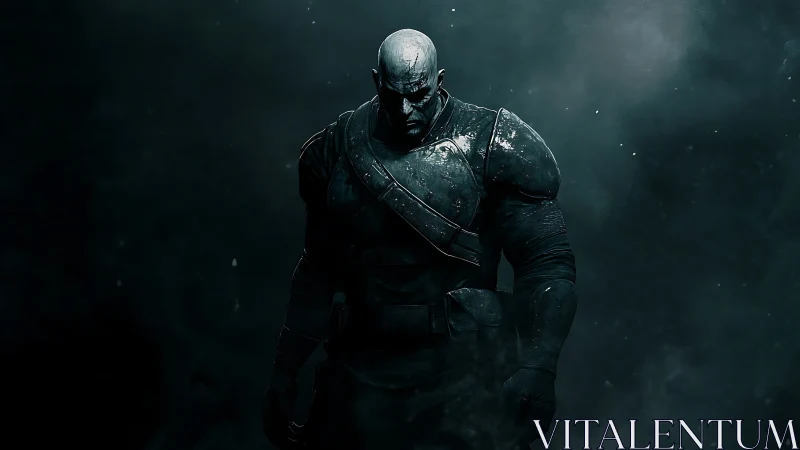 Armored humanoid figure stands in low-key, smoky lighting