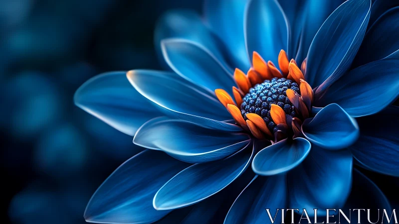 Blue Petaled Flower with Vibrant Orange Stamens. Digital Macro Study.
