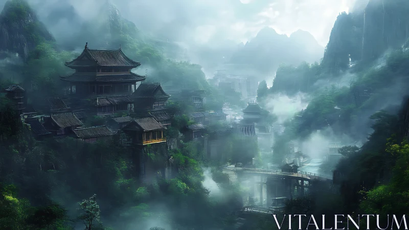 Misty mountain temple city with layered bridges and forests.
