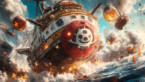Explosive aerial galleon with mechanized prow in firestorm battle.
