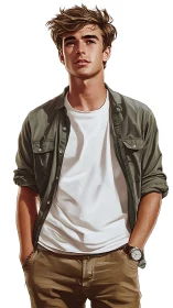 Sunlit daydreamer in casual greens and windswept hair.