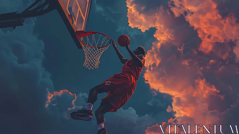 Skyline slam dunk ignites storm-lit basketball dreamscape.