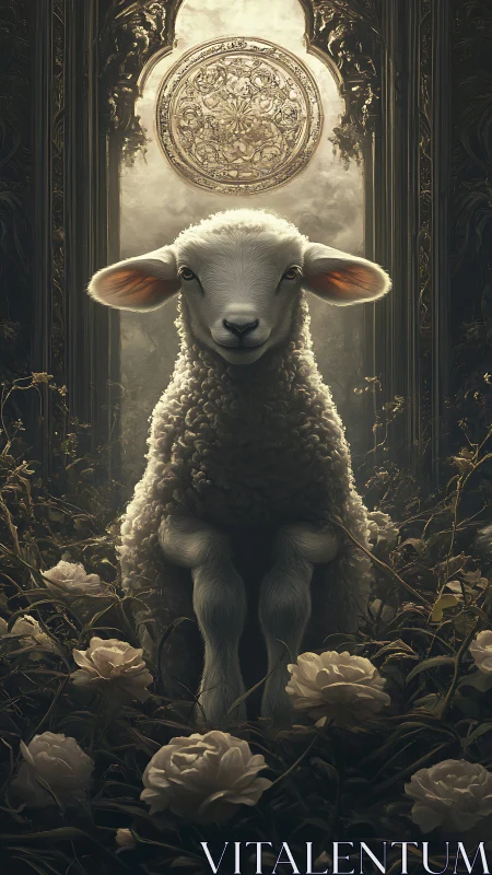 Consecrated lamb beneath ornate celestial halo window.