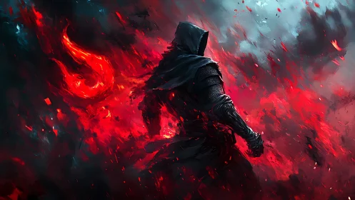 Mystic rogue walks through swirling crimson embers of fire.