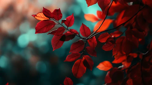 Vibrant Red Autumn Leaves Against Dreamy Teal Bokeh Background.