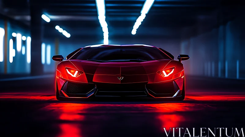 Red supercar glows under neon lights in a moody tunnel.