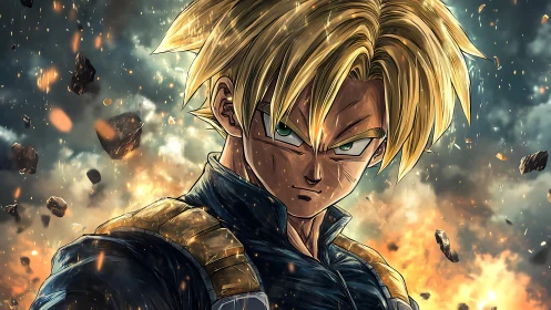 Blond anime warrior stands defiant amid fiery destruction