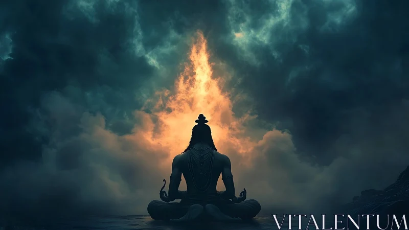 Backlit meditating figure framed by volumetric storm clouds and fire