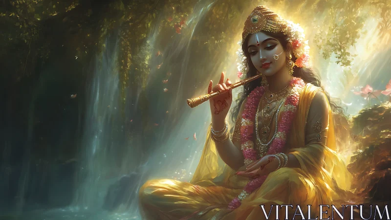 Divine flute player bathing a forest waterfall in golden calm.