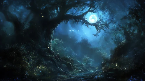 Luminous moonlit forest corridor under dense ancient canopies.