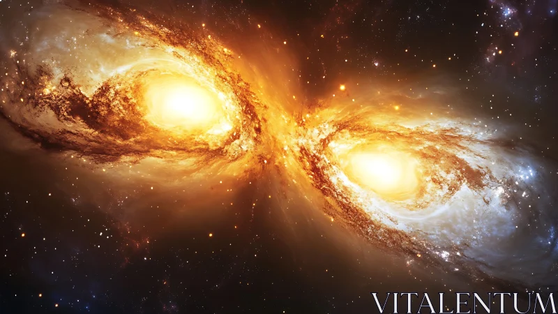 Colliding spiral galaxies with bright golden cores in space