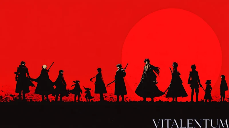 Silhouetted anime group against large red sun at dusk.
