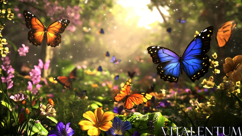 Digital painting of luminous butterflies in sunlit flower meadow.