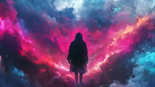 Lone silhouette walks through swirling cosmic nebula gateway.