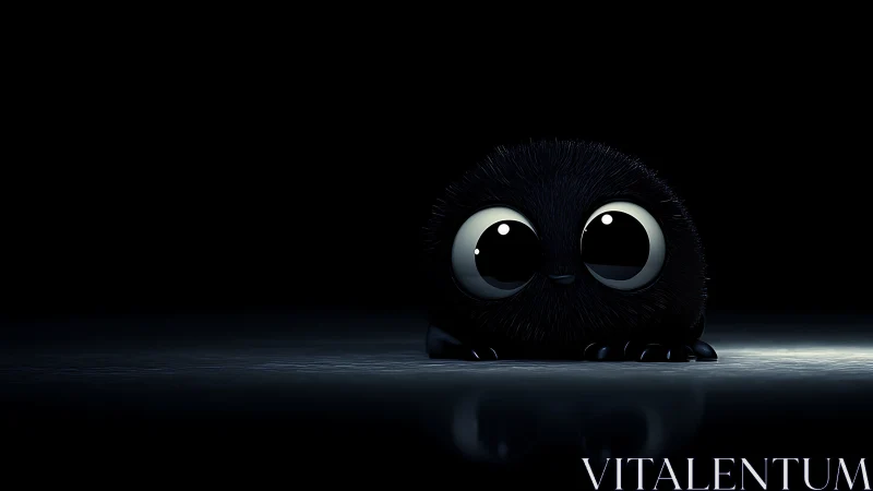 High-contrast 3D fur creature rendered with glossy eye reflections