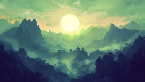 Moon-soaked jade mountains cradle whispering sky temples.