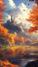 Autumn citadel dreaming above a leaf-lantern river.