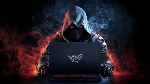 Hooded cyber rogue gaming in swirling fire and smoke.