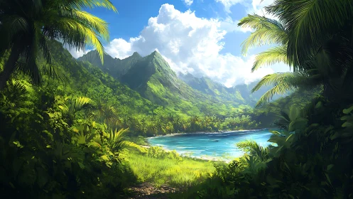 Tropical valley with mountain backdrop and turquoise water