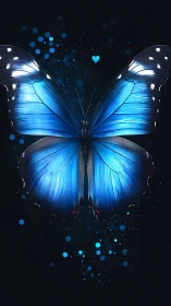 Luminous blue butterfly spreads glowing wings in gentle night